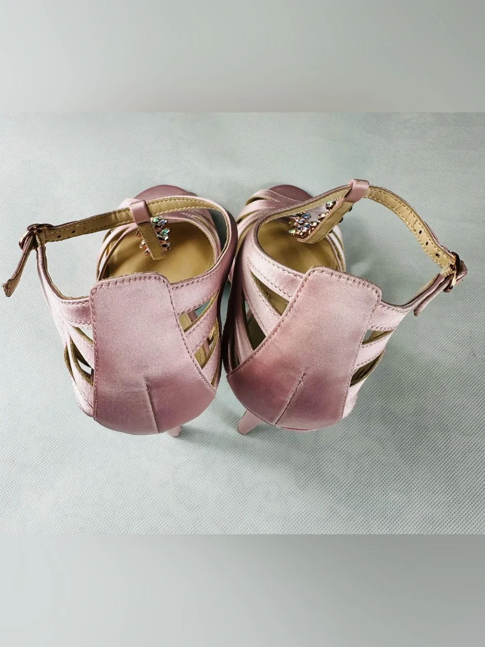 Betsey Johnson Rose Pink Satin Open-Toe Heels with Jeweled Ankle Detail